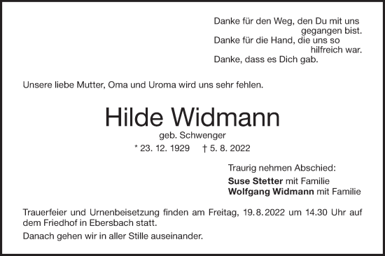 Traueranzeige von Hilde Widmann von NWZ Neue Württembergische Zeitung