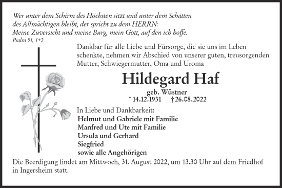 Traueranzeige von Hildegard Haf von Hohenloher Tagblatt