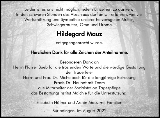 Traueranzeige von Hildegard Mauz von Metzinger-Uracher Volksblatt