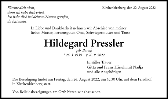 Traueranzeige von Hildegard Pressler von Rundschau Gaildorf