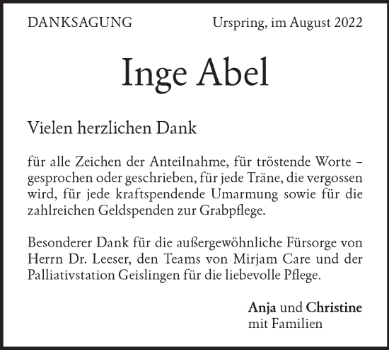 Traueranzeige von Inge Abel von Geislinger Zeitung