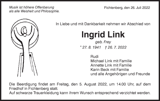 Traueranzeige von Ingrid Link von Rundschau Gaildorf