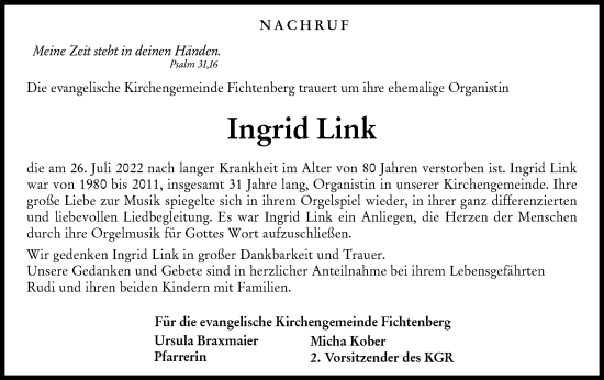 Traueranzeige von Ingrid Link von Rundschau Gaildorf