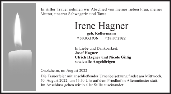 Traueranzeige von Irene Hagner von Hohenloher Tagblatt