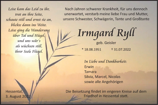 Traueranzeige von Irmgard Ryll von Haller Tagblatt