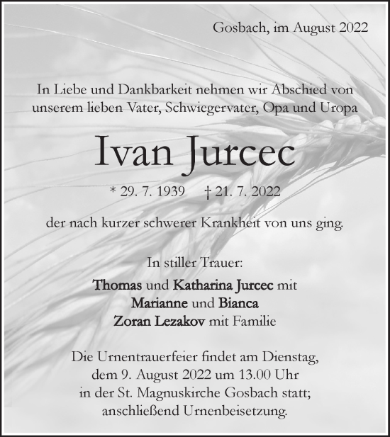 Traueranzeige von Ivan Jurcec von Geislinger Zeitung