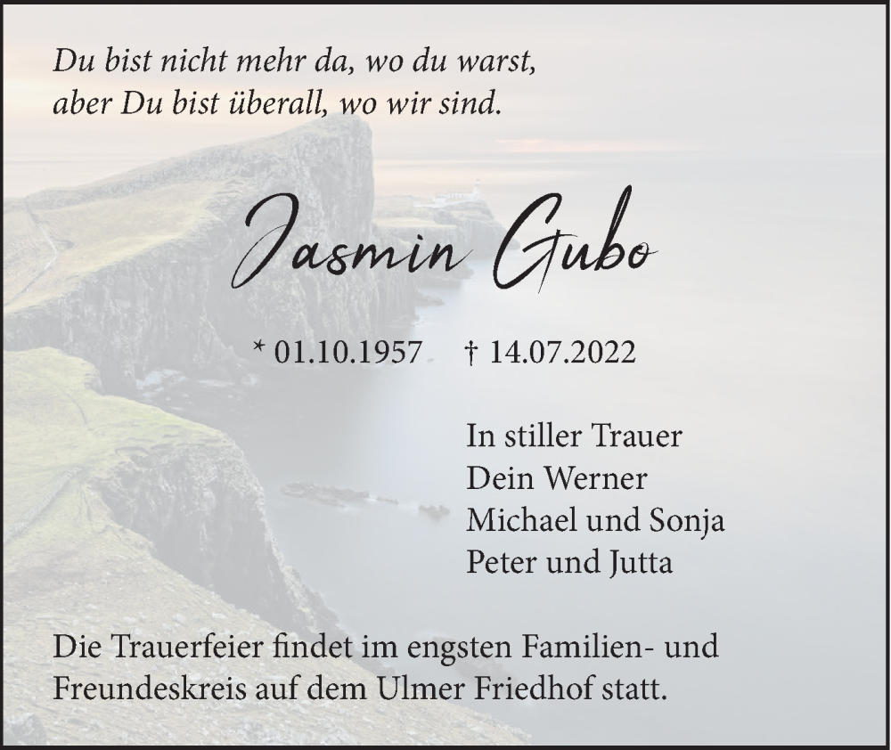 Traueranzeigen von Jasmin Gubo | Südwest Presse Trauer