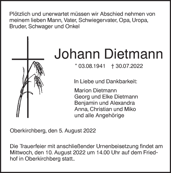 Traueranzeige von Johann Dietmann von SÜDWEST PRESSE Ausgabe Ulm/Neu-Ulm