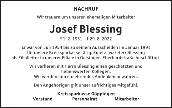 Traueranzeige von Josef Blessing von NWZ Neue Württembergische Zeitung/Geislinger Zeitung