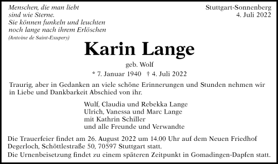 Traueranzeige von Karin Lange von Alb-Bote/Metzinger-Uracher Volksblatt