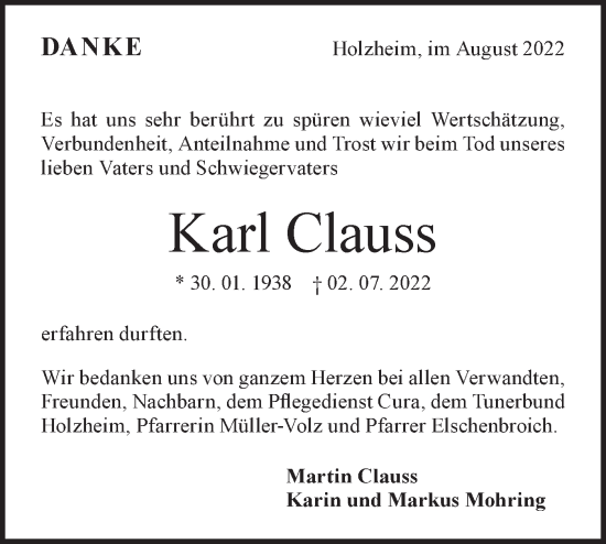 Traueranzeige von Karl Clauss von NWZ Neue Württembergische Zeitung