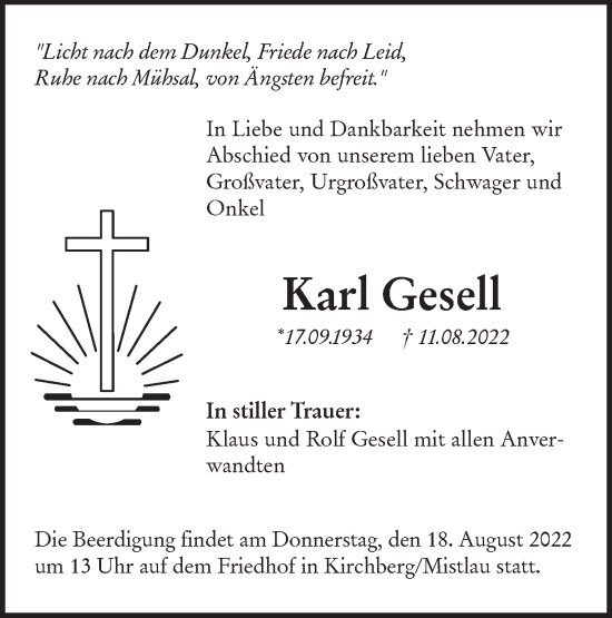 Traueranzeige von Karl Gesell von Hohenloher Tagblatt