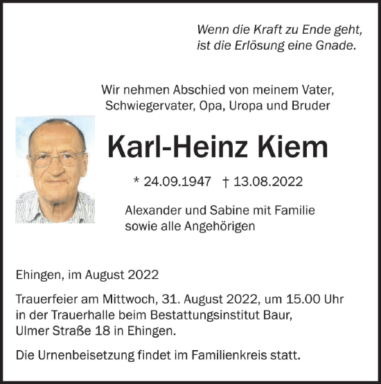 Traueranzeige von Karl-Heinz Kiem von Ehinger Tagblatt