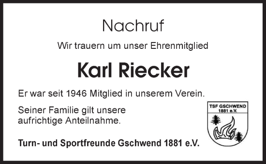 Traueranzeige von Karl Riecker von Rundschau Gaildorf