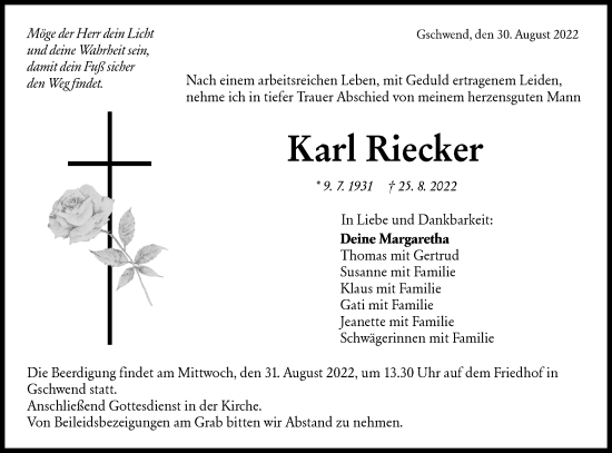 Traueranzeige von Karl Riecker von Rundschau Gaildorf