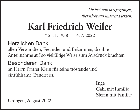 Traueranzeige von Karl Friedrich Weiler von NWZ Neue Württembergische Zeitung