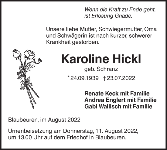 Traueranzeige von Karoline Hickl von SÜDWEST PRESSE Ausgabe Ulm/Neu-Ulm