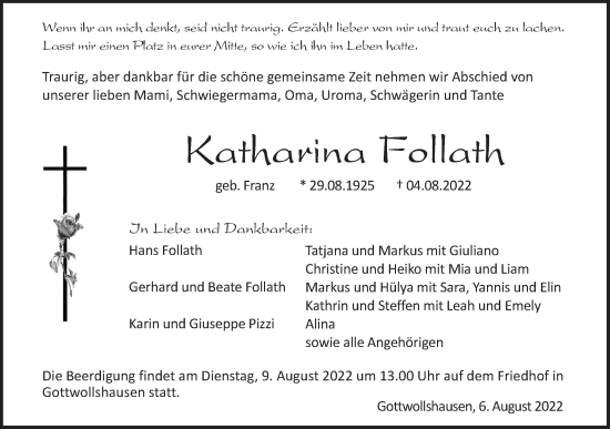 Traueranzeige von Katharina Follath von Haller Tagblatt