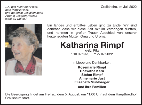 Traueranzeige von Katharina Rimpf von Hohenloher Tagblatt
