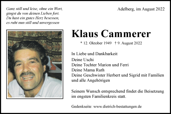 Traueranzeige von Klaus Cammerer von NWZ Neue Württembergische Zeitung