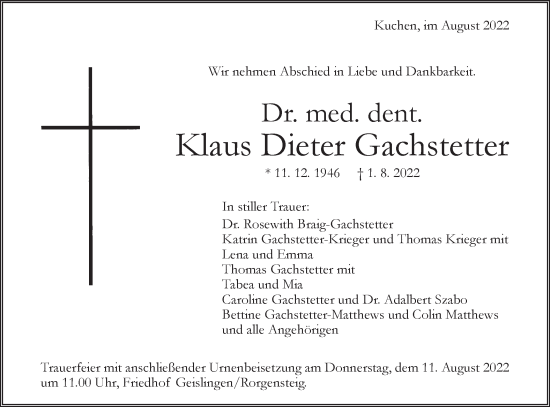 Traueranzeige von Klaus Dieter Gachstetter von Geislinger Zeitung