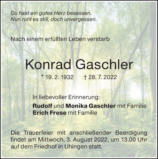 Traueranzeige von Konrad Gaschler von NWZ Neue Württembergische Zeitung