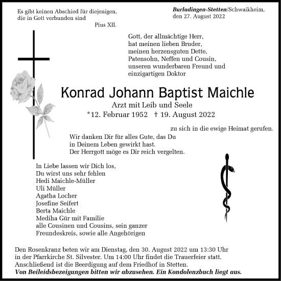 Traueranzeige von Konrad Johann Baptist Maichle von Metzinger-Uracher Volksblatt