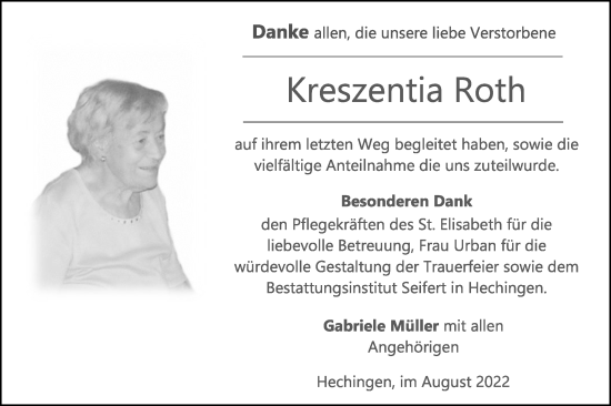 Traueranzeige von Kreszentia Roth von Metzinger-Uracher Volksblatt