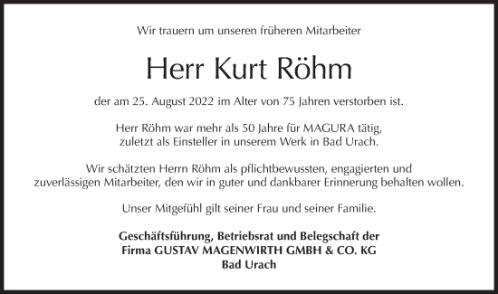 Traueranzeige von Kurt Röhm von Metzinger-Uracher Volksblatt