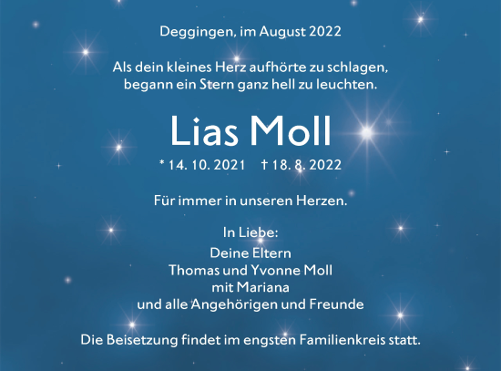 Traueranzeige von Lias Moll von Geislinger Zeitung