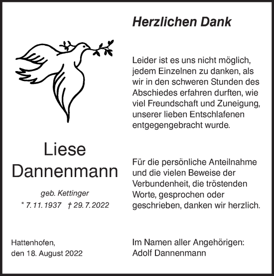 Traueranzeige von Liese Dannenmann von NWZ Neue Württembergische Zeitung