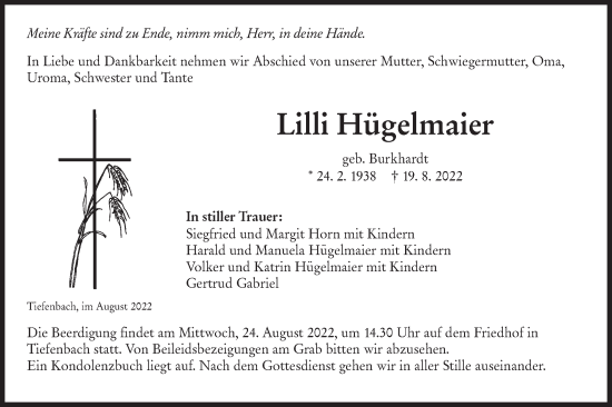 Traueranzeige von Lilli Hügelmaier von Hohenloher Tagblatt