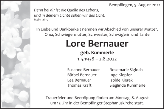 Traueranzeige von Lore Bernauer von Metzinger-Uracher Volksblatt