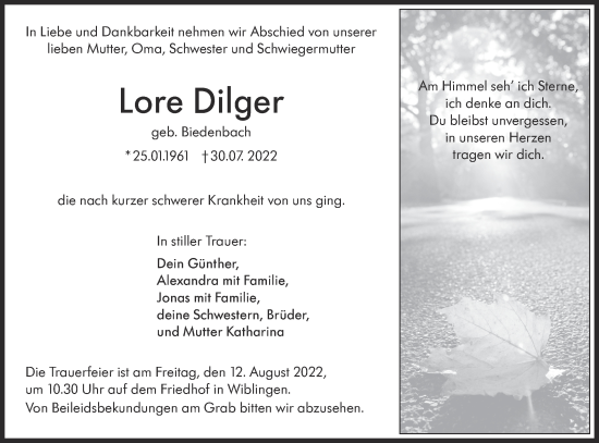 Traueranzeige von Lore Dilger von SÜDWEST PRESSE Ausgabe Ulm/Neu-Ulm