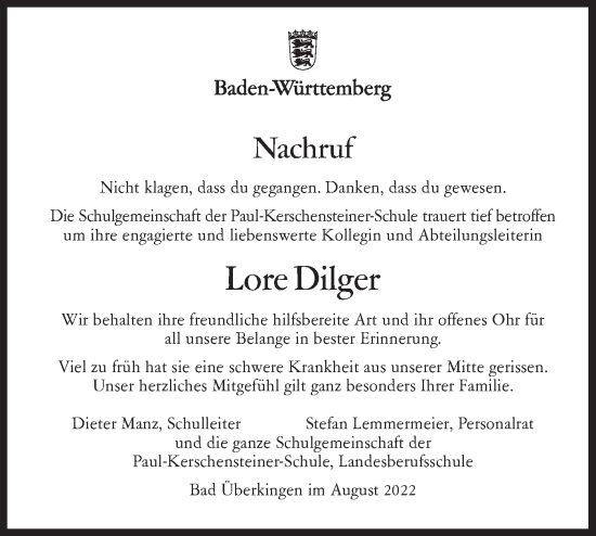 Traueranzeige von Lore Dilger von SÜDWEST PRESSE Ausgabe Ulm/Neu-Ulm