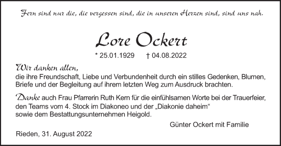 Traueranzeige von Lore Ockert von Haller Tagblatt