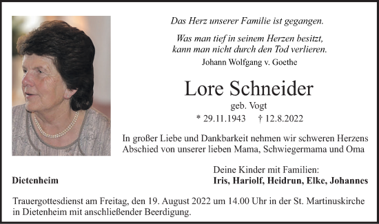 Traueranzeige von Lore Schneider von SÜDWEST PRESSE Ausgabe Ulm/Neu-Ulm