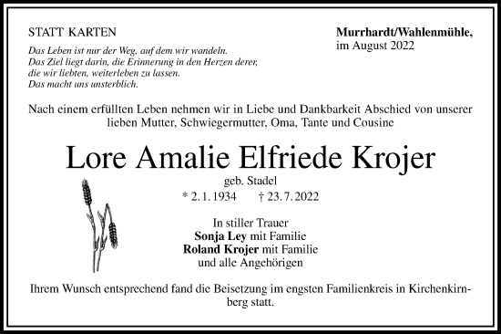 Traueranzeige von Lore Amalie Elfriede Krojer von Rundschau Gaildorf