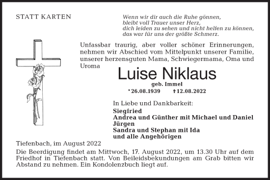 Traueranzeige von Luise Niklaus von Hohenloher Tagblatt