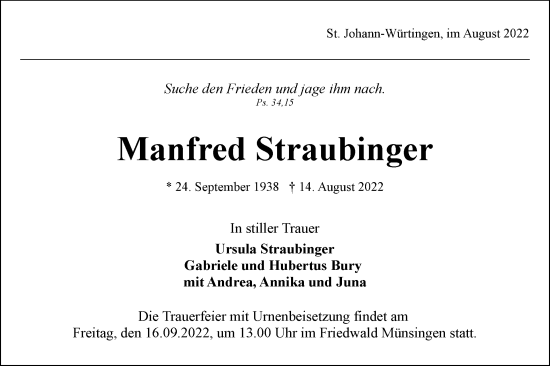 Traueranzeige von Manfred Straubinger von Metzinger-Uracher Volksblatt