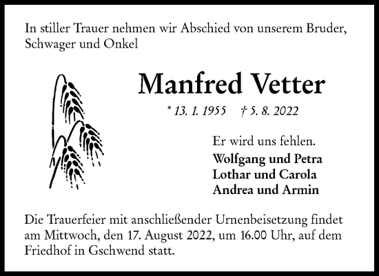 Traueranzeige von Manfred Vetter von Rundschau Gaildorf