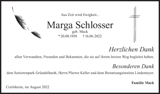 Traueranzeige von Marga Schlosser von Hohenloher Tagblatt