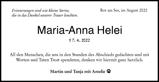 Traueranzeige von Maria-Anna Helei von Hohenloher Tagblatt
