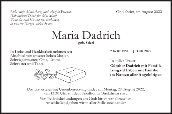 Traueranzeige von Maria Dadrich von Hohenloher Tagblatt