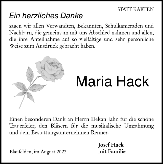 Traueranzeige von Maria Hack von Hohenloher Tagblatt