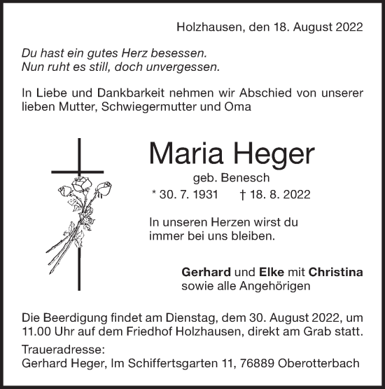 Traueranzeige von Maria Heger von NWZ Neue Württembergische Zeitung