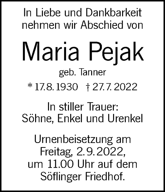 Traueranzeige von Maria Pejak von SÜDWEST PRESSE Ausgabe Ulm/Neu-Ulm