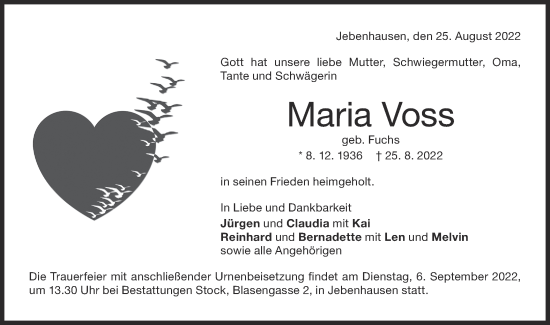 Traueranzeige von Maria Voss von NWZ Neue Württembergische Zeitung