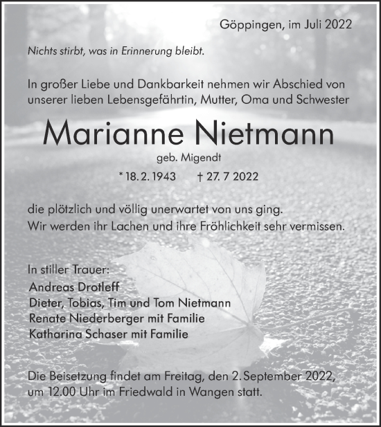 Traueranzeige von Marianne Nietmann von NWZ Neue Württembergische Zeitung