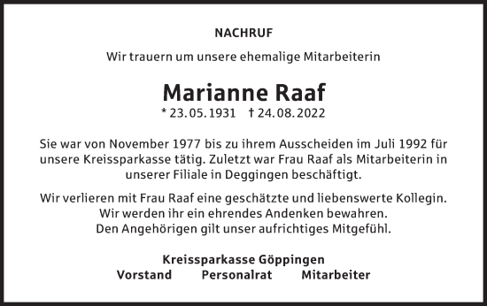 Traueranzeige von Marianne Raaf von NWZ Neue Württembergische Zeitung/Geislinger Zeitung